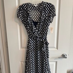 Dressbarn Navy and White Wrap Midi Dress with Cowl Neck